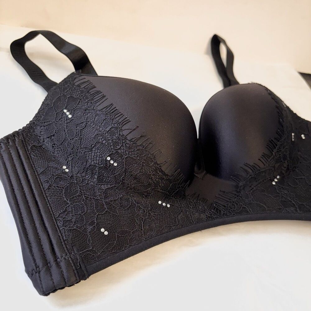 FENGTI Bras Lot Of 2 Push Up 36B Black And Maroon Rhinestones Lace Sexy Lingerie - Picture 2 of 16